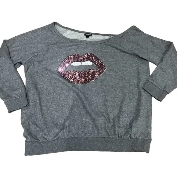 Torrid Women's Plus Size 3 Gray Off Shoulder Sweatshirt Pink Sequin Lips Casual - Picture 5 of 9